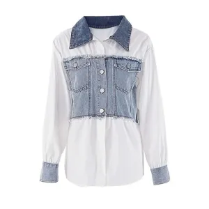 Pre Order:  Denim Patchwork White Long Sleeve Collar Shirt